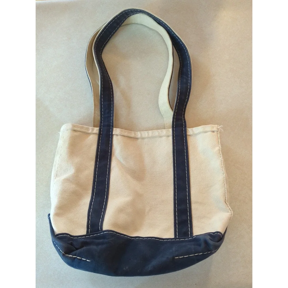 L.L. Bean Boat & Tote Bag Small White & Blue Heavy Duty Canvas Long Handles USA
